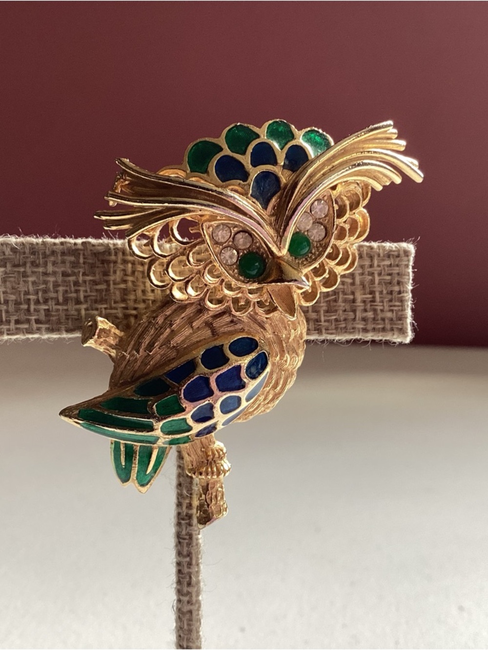 Vintage 1960 Signed Florenza gold-plated enamel owl brooch